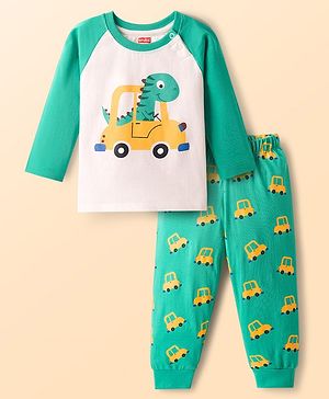 Babyhug Cotton Knit Full Raglan Sleeves Night Suit With Dino Print - Mint Green