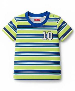 Babyhug 100% Cotton Knit Half Sleeves T-Shirt with Stripes & Text Print - Limegreen & Blue