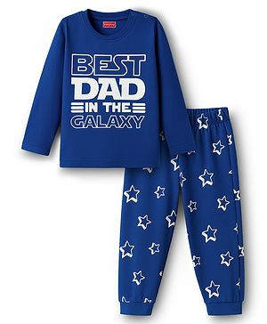 Babyhug Cotton Knit Full Sleeves Night Suit With Text Print - Navy Blue