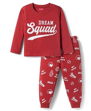 Babyhug Cotton Knit Full Sleeves Night Suit With Dream Squad Text Print - Maroon