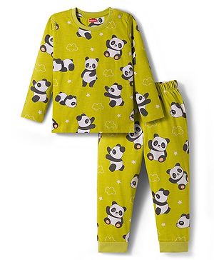 Babyhug Cotton Knit Full Sleeves Co-ords Night Suit With Panda Print - Green