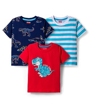 Babyhug 100% Cotton Knit Half Sleeves T-Shirt with Stripes & Dino Print Pack of 3 - Navy Blue Light Blue & Red