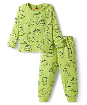 Babyhug Cotton Knit Full Sleeves Co-ords Night Suit With Dino Print - Green