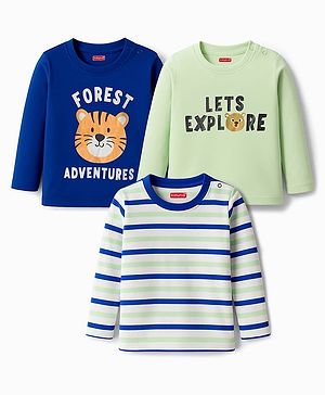 Babyhug 100% Cotton Knit Full Sleeves Striped T-Shirts with Text Graphic Pack of 3 - Multicolor
