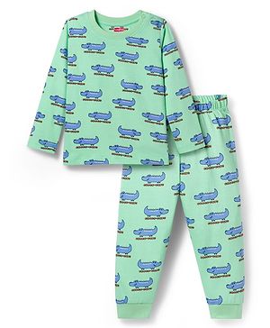 Babyhug Cotton Knit Full Sleeves Co-ords Night Suit with Crocodile Print - Green