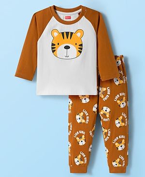 Babyhug Cotton Knit Full Raglan Sleeves Night Suit With Tiger Print - Brown & White