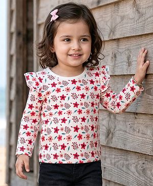 Babyhug 100% Cotton Knit Full Sleeves T-Shirt With Floral Print - White