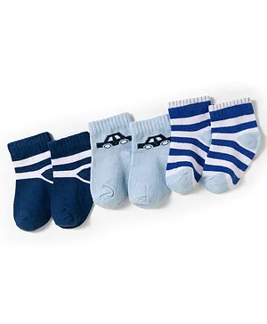 Doodle Poodle Cotton Lycra Knit Ankle Length Socks with Stripes & Car Design Pack of 3 - Light Blue & Navy Blue