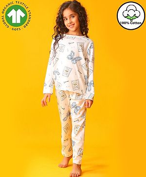 Anthrilo 100% Organic Cotton Knit Full Sleeves Cat & Keys Printed Comfort Fit Coordinating Night Suit Set - White