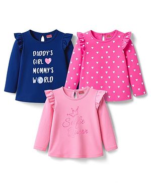 Babyhug 100% Cotton Knit Full Sleeves T-Shirt with Heart & Text Print Pack of 3 - Navy Blue & Pink