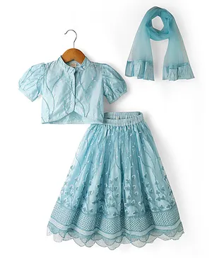 Saka Designs Cotton Woven Half Sleeve
                              Choli Lehenga Set with Floral Embroidery
                              & Dupatta - Light Blue