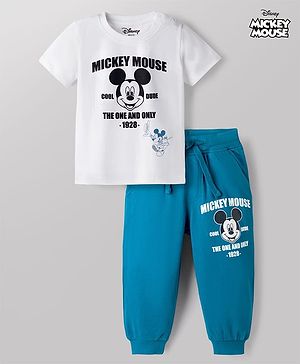 Babyhug Disney Single Jersey Knit Half Sleeves T-Shirt & Joggers Set With Mickey Mouse Graphic - White