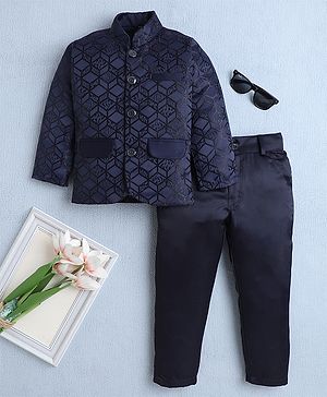 Fourfolds Woven Full Sleeves Cubes Embroidered Jodhpuri & Trousers Set - Navy Blue