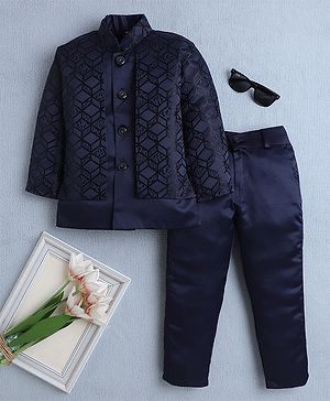 Fourfolds Woven Full Sleeves Cubes Embroidered Jodhpuri & Trousers Set - Navy Blue