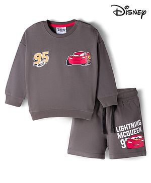 Bonfino Disney Terry Knit Full Sleeves Oversized Sweatshirt & Shorts Set with Cars Graphic - Grey