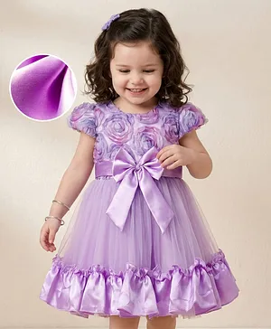 Mark & Mia Woven Half Sleeves
                                  Party Dress with Bow & Floral
                                  Applique - Lavender