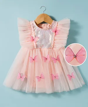 Mark & Mia Woven Frill Sleeves
                              Frock Style Party Onesie With Butterfly
                              Applique & Sequin Detailing - Peach