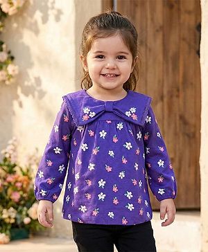 Babyhug 100% Cotton Knit Full Sleeves Top with Floral Print - Purple
