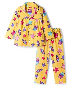 Babyhug Cotton Knit Full Sleeves Co-ords Night Suit With Star Print - Yellow