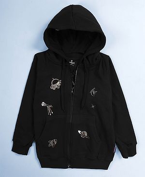 Kiddopanti Fleece Knit Full Sleeves Space Theme Foil Printed Hooded Light Winter Sweatshirt - Black