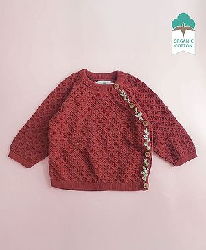 Keebee Organics Organic Cotton Knit Full Sleeves Leaves Designed Textured Double Layered Sweater - Brown