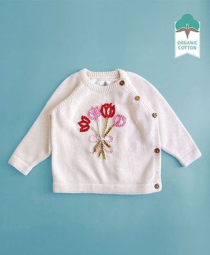 Keebee Organics Organic Cotton Knit Full Sleeves Floral Designed Sweater - White