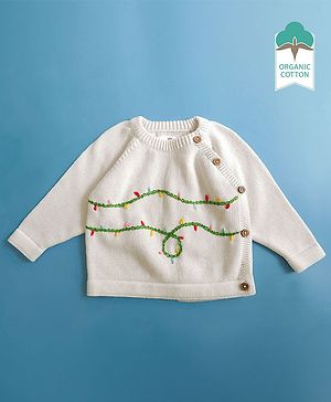 Keebee Organics Organic Cotton Knit Full Sleeves Holiday Lights Designed Sweater - White
