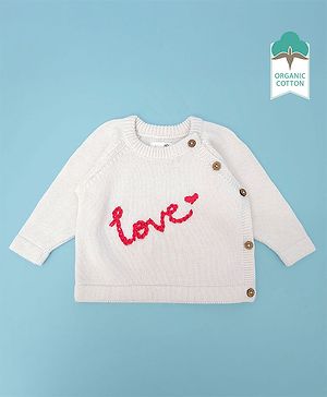 Keebee Organics Organic Cotton Knit Full Sleeves Love Text Designed Sweater - White