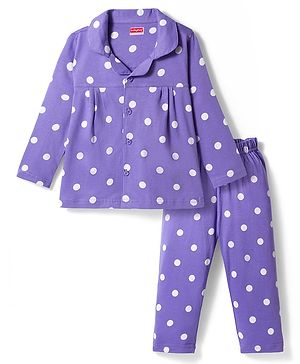 Babyhug Cotton Knit Full Sleeves Co-ords Front Open Night Suit with Polka Dot Print - Lilac