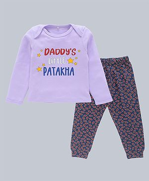 Kadam Baby Cotton Knit Diwali Theme Full Sleeves Daddys Little Patakha Text Printed Tee & Joggers Set - Purple & Multi Colour