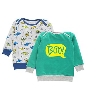 Kadam Baby Halloween Theme Cotton Knit Pack Of 2 Full Sleeves Boo Text Printed Light Winter Sweatshirt - Multi Colour & Green