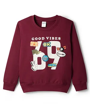 Taeko Looper Knit Full Sleeves  T-Shirt With Good Vibes Text Print - Wine