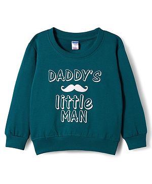 Tango Looper Knit Full Sleeves T-Shirt With Daddys Little Man Text Print - Teal Blue