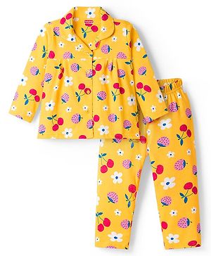 Babyhug Cotton Knit Full Sleeves Co-ords Night Suit With Floral Print - Yellow