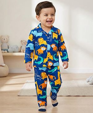 Babyhug Cotton Knit Full Sleeves Co-ords Night Suit With Animal Print - Navy Blue