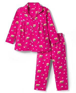 Babyhug Cotton Knit Full Sleeves Co-ord Night Suit With Honeybee & Floral Print - Dark Pink
