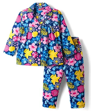 Babyhug Cotton Knit Full Sleeves
                              Co-ords Night Suit With Floral Print -
                              Navy Blue