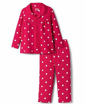 Babyhug Cotton Knit Full Sleeves Co-ord Night Suit With Polka Dot Print - Dark Pink