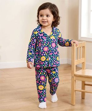 Babyhug Cotton Knit Full Sleeves Co-ord Night Suit With Floral Print - Navy Blue
