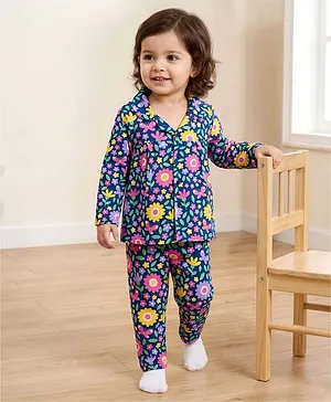 Babyhug Cotton Knit Full Sleeves
                              Co-ord Night Suit With Floral Print - Navy
                              Blue