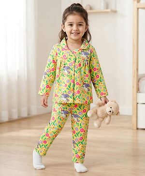 Babyhug Cotton Knit Full Sleeves Co-ords Night Suit With Floral Print - Yellow