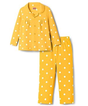 Babyhug Cotton Knit Full Sleeves Co-ord Night Suit With Polka Dot Print - Yellow