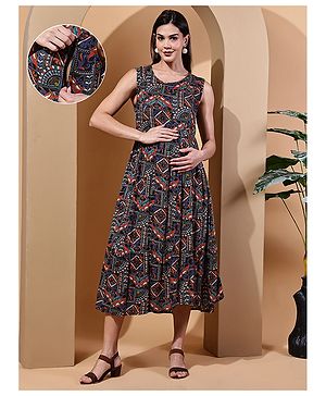 Moms Maternity Rayon Woven  Sleeveless Rajasthani Printed Maternity Dress With Concealed Front Zipper Nursing Access - Black