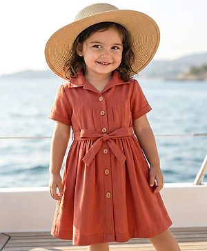 Babyhug Woven Half Sleeves Solid Denim Shirt Dress - Rust