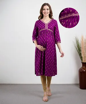 Bella Mama Woven Three Fourth Sleeves
                              Maternity Kurta with Highlighted Gold
                              Print & Embroidery At Yoke - Purple