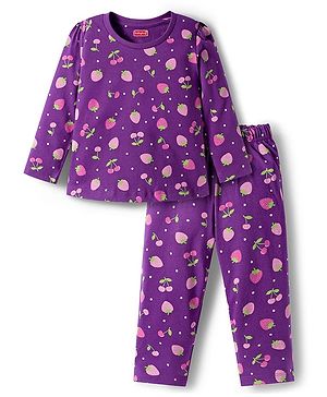 Babyhug Cotton Knit Full Sleeves Co-ords Night Suit With Tropical Theme Print - Purple