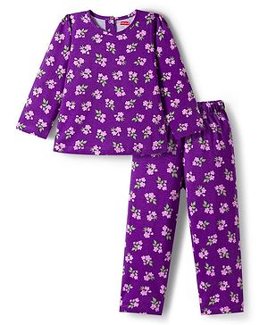 Babyhug Cotton Knit Full Sleeves Co-ord Night Suit With Floral Print - Purple