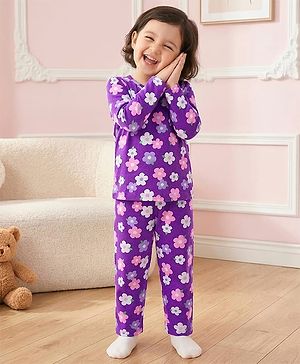 Babyhug Cotton Knit Full Sleeves Co-ords  Night Suit With Floral Print - Purple