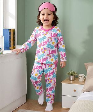 Babyhug Cotton Knit Full Sleeves Co-ords Night Suit With  Text Print - White