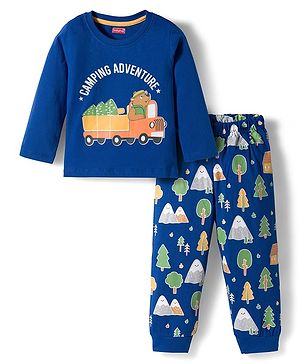 Babyhug Cotton Knit Full Sleeves Night Suit With Animal Print - Royal Blue